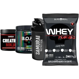 Kit Whey Turbo 907g + Creatina Ninja 150g + Pré Treino Bope 150g + Coqueteleira 600ml