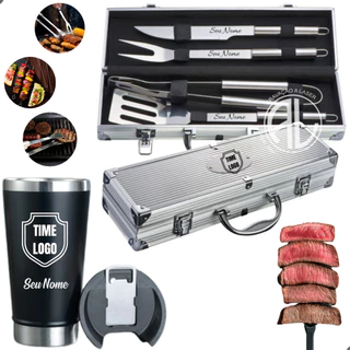 Kit Churrasco 5 Pçs OU Kit Churrasco 5 Pçs + Copo Personalizado Nome Time Logo Inoxidável