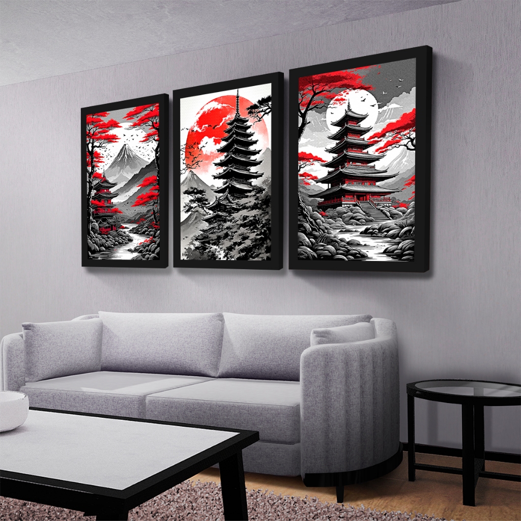 Kit 3 Quadros Decorativos Paisagens Chinesa Mosaico Sala Quarto Escritório