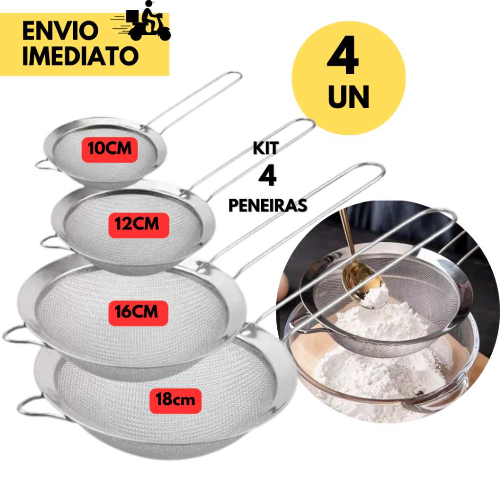 Kit 4 Peneira em Inox Prata Inoxidável com Alça p/Pendurar para Cozinha ...