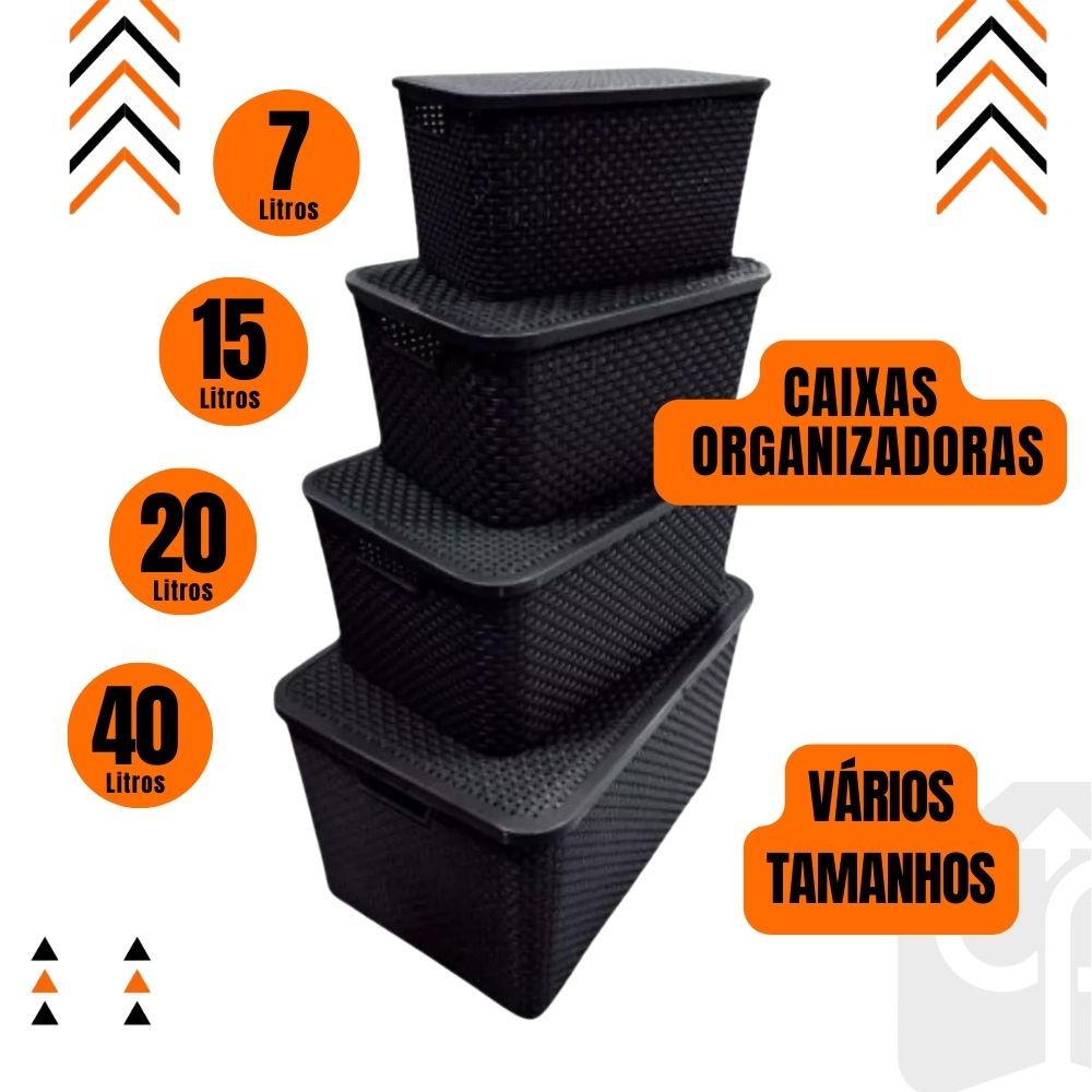 Caixa Organizadora Preta com Tampa Rattan 7 litros 15 litros 20 litros 40 Litros