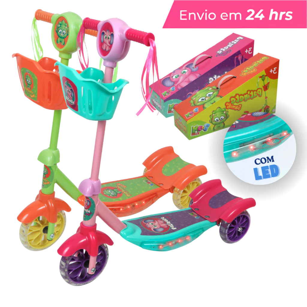 Patinete Infantil 3 Rodas Luz Led Musical C/Cestinha Regulável
