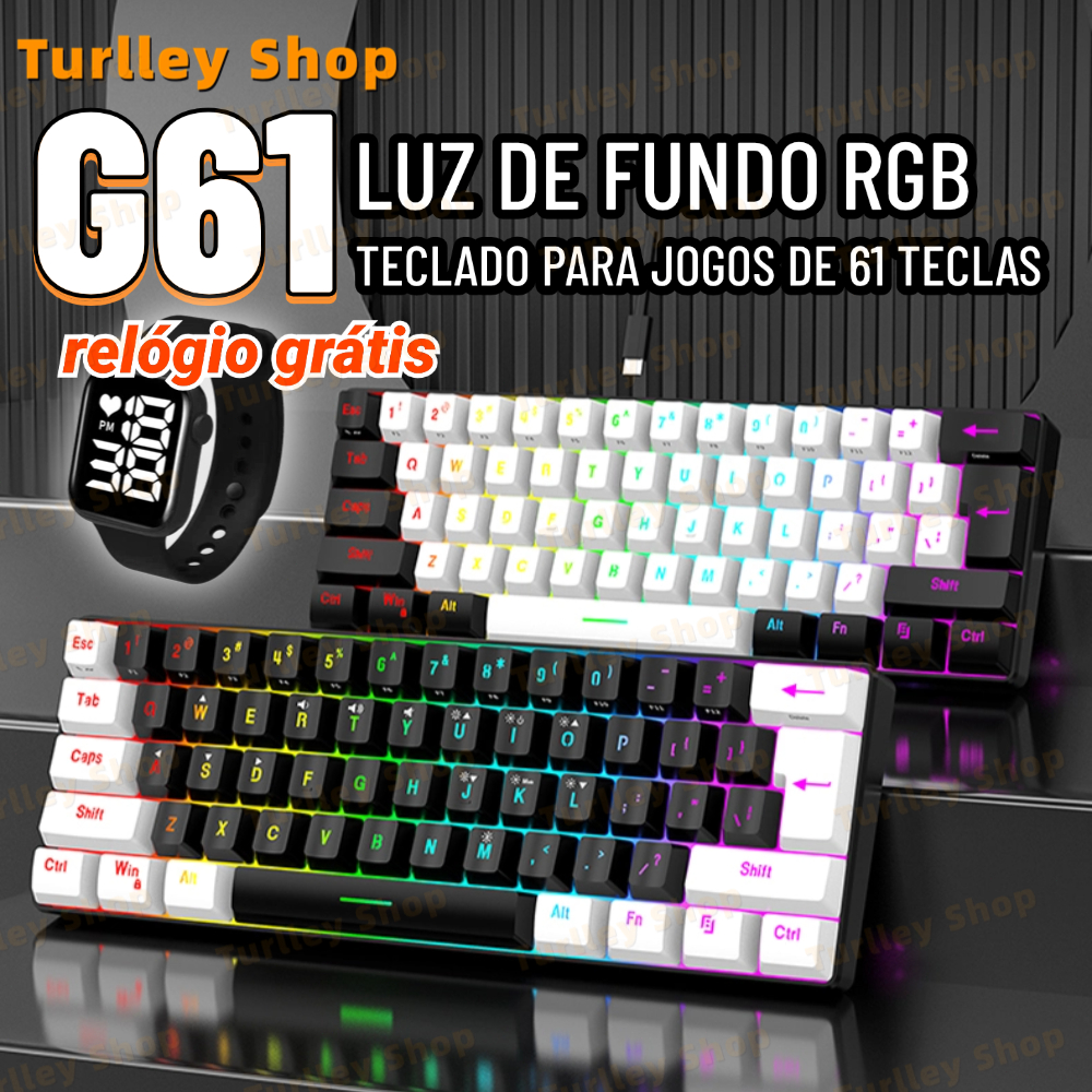 Teclado para jogos com fio 61-Key RGB Backlight Mini Compact USB-C Cabo de alimentação plugável