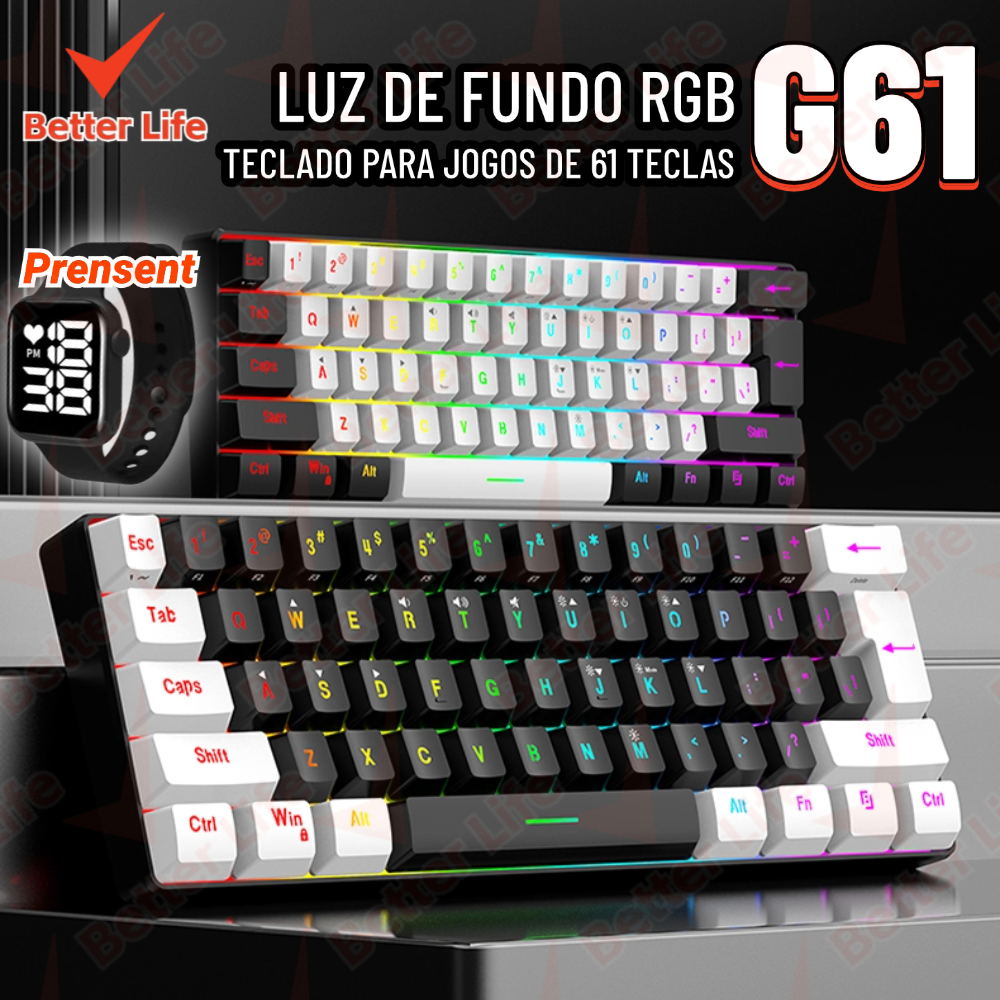 Teclado para jogos com fio 61-Key RGB Backlight Mini Compact USB-C Cabo de alimentação plugável