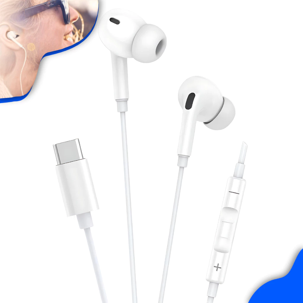 Fone de Ouvido Com Fio Tipo-C Borrachinha Borracha Anti-Ruído Com Microfone Premium Universal
