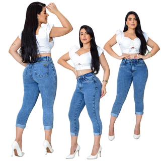 Calça Feminina Jeans Capri Modeladora Cintura Alta Empina Bumbum Com Elastano
