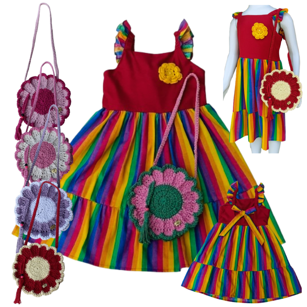 Vestido Infantil Arco íris Colorido Menina com Bolsa Flor de