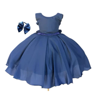 Vestido Festa Infantil Casamento Aniversário Azul Marinho com Tiara