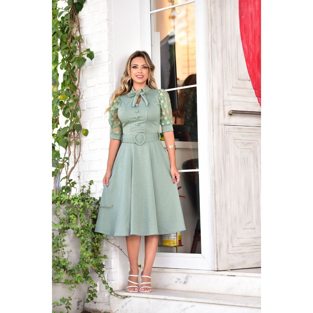 Vestido Midi Moda Evangelica Saia Gode Com Laço Botões Cinto forrado Moda  feminina