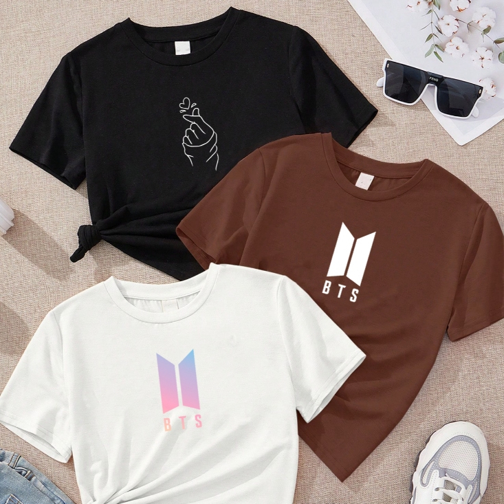 Blusa Kit com 3 Babylook feminina Coração bts logo bts branca e rosa ...