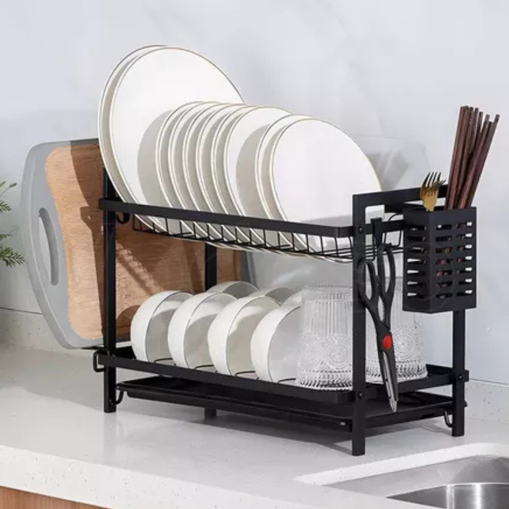 Escorredor de Louça Preto Duplo Rack Aço Inoxidavel Organizador 2 ...