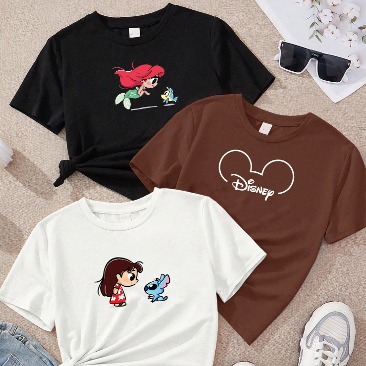 Blusa Kit com 3 Babylook feminina Ariel Disney STITCH marrom Off white 100% algodão