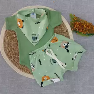 Conjunto Bebe Verão Menino Short, Body E Babador Bandana Recém Nascido