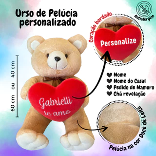 Ursinho de Pelúcia 40 ou 60 Cm com Coração Personalizado com Nome - Vermelho Azul ou Rosa