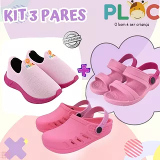 Kit 3 Pares: Tênis Calce Fácil P26 Menina + Babuche + Papete Ploc - Casual Verão em Oferta na Shopee
