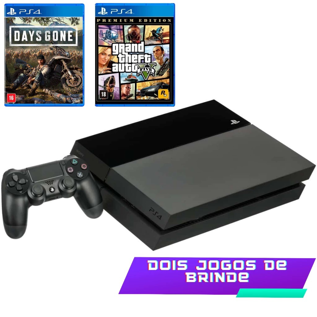 Video Game PS4 FAT + 1 ou 2 Controles + 1 Jogo