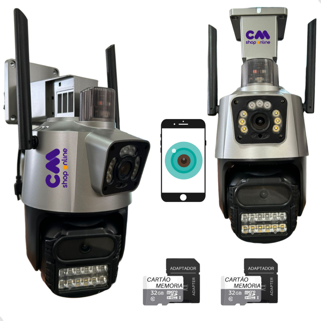 Kit 2 Câmeras Segurança Lente Dupla Visão Notura Wifi Sensor Externa Lente Dupla Sirene Policial full HD