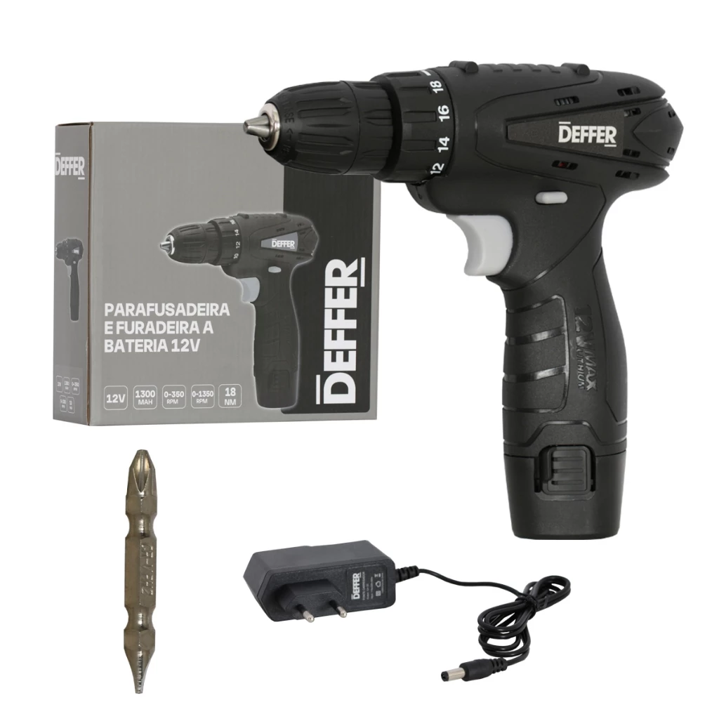 Parafusadeira e Furadeira a Bateria 12v C Luz de Led e Bits DEFFER