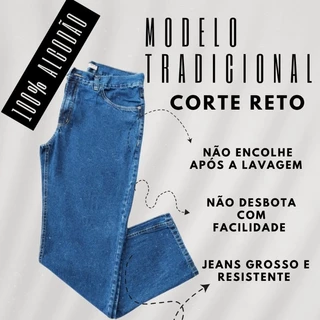 Calça jeans masculina corte reto modelo tradicional 100% algodão