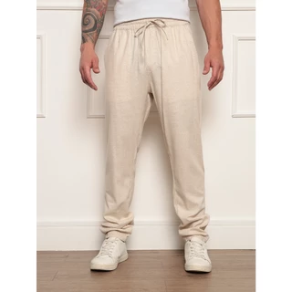 Calça Jogger Linho Areia e Preto e Branco Elastico Branco Claro Preto Escuro