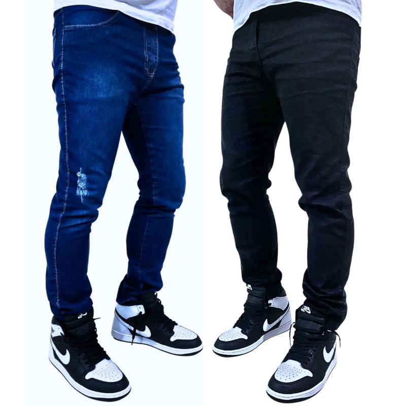 Calça Jeans Masculina Preta e Azul Kit Com 2 Slim Fit Premium Lycra full em Oferta na Shopee
