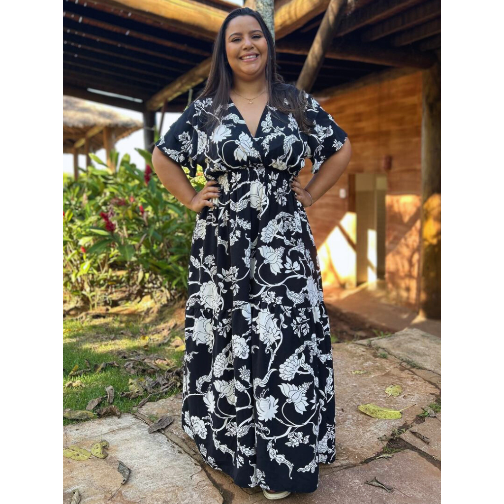 Vestido Longo Plus Size Feminino Duna Levinho Moda Verão Manga