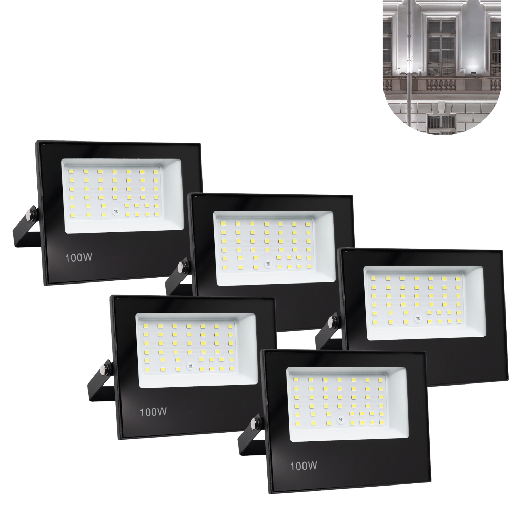 Kit 5 Refletor Led Smd 100w Holofote Bivolt Ip66 Frio