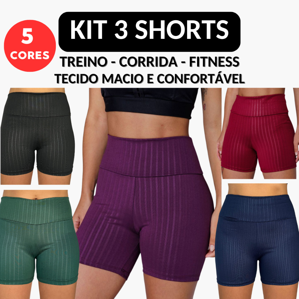 Kit 3 Shorts Feminino de Academia Fitness Corrida Treino Confortável e Modelagem Perfeita