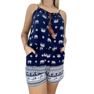 Macaquinho Feminino Com Alcinha em Couro Com Bolsos Para Verão Estampado em Viscose