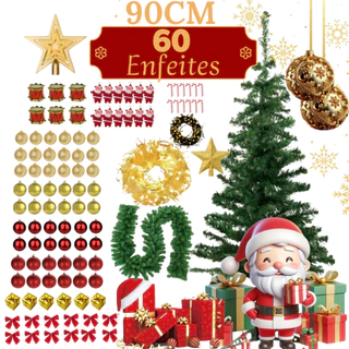 Kit Árvore de Natal DECORADA 90cm 90 galhos + 63 enfeites Pisca Led Bolas Estrela