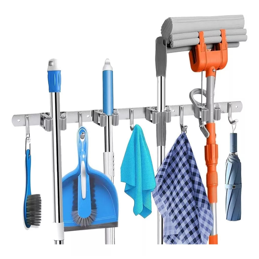 Suporte Inox De Parede 7 ou 9 Ganchos Porta Vassoura Mop Rodo Utensílios de Limpeza