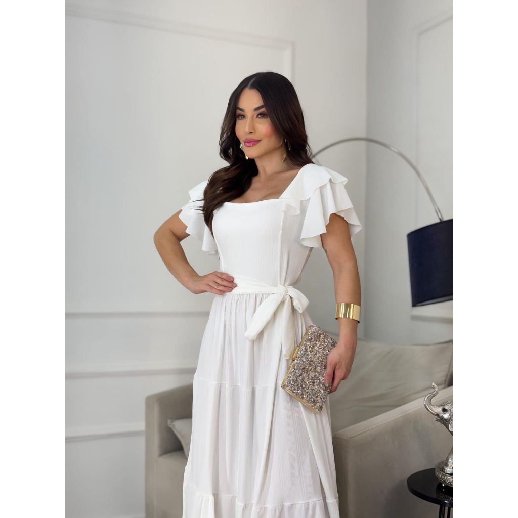 Look ano novo - Vestido longo branco com manga - forrado | Shopee Brasil