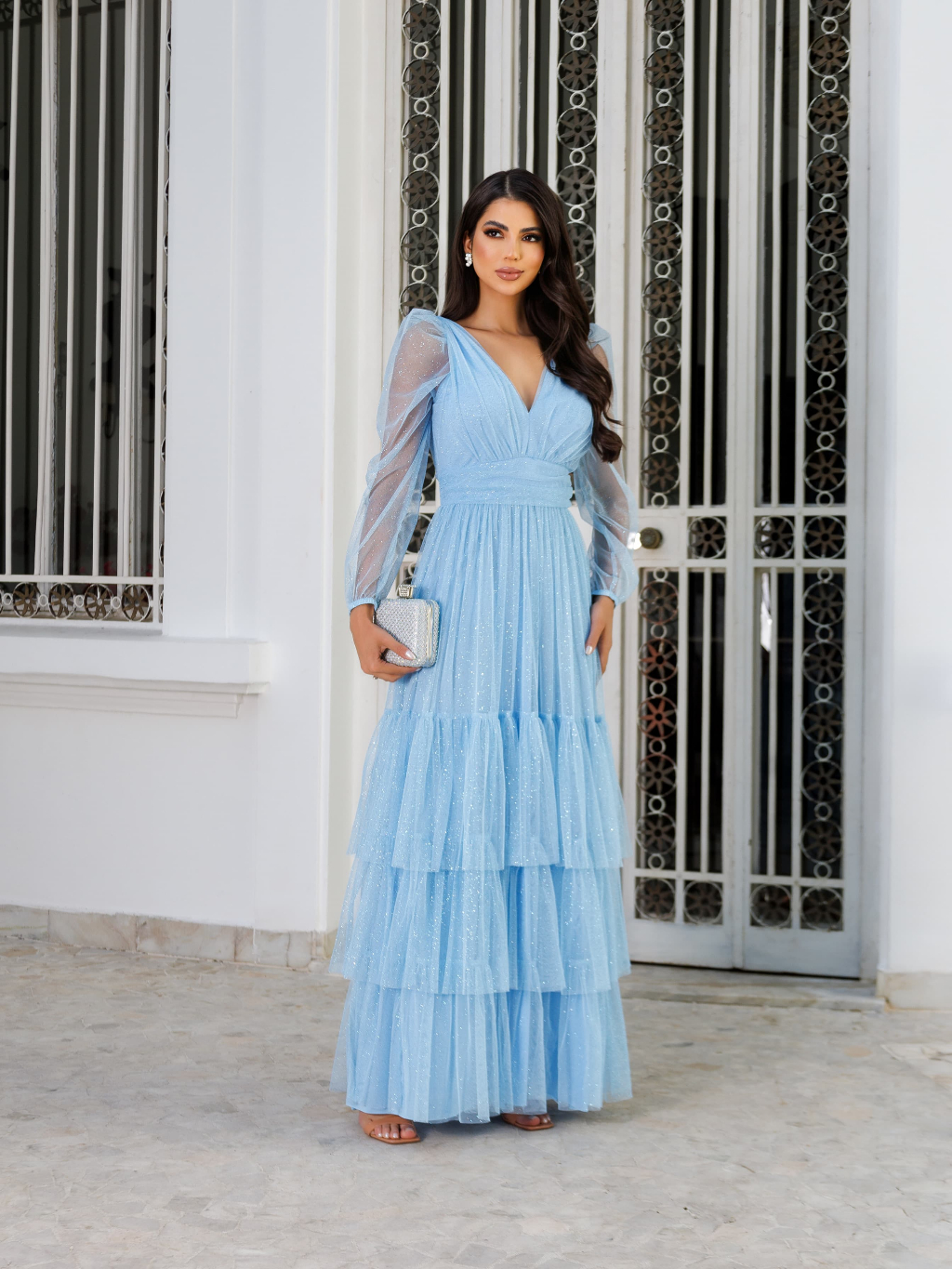 Vestido Madrinha Manga Longa Marias Brilho Azul Serenity