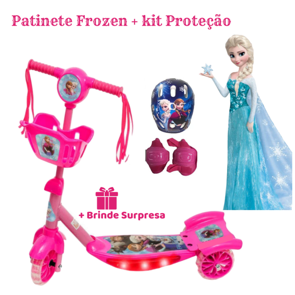 Patinete Frozen Rosa Menina 3 Rodas Ajustavel até 70 cm + Surpresa + Envio para todo Brasil