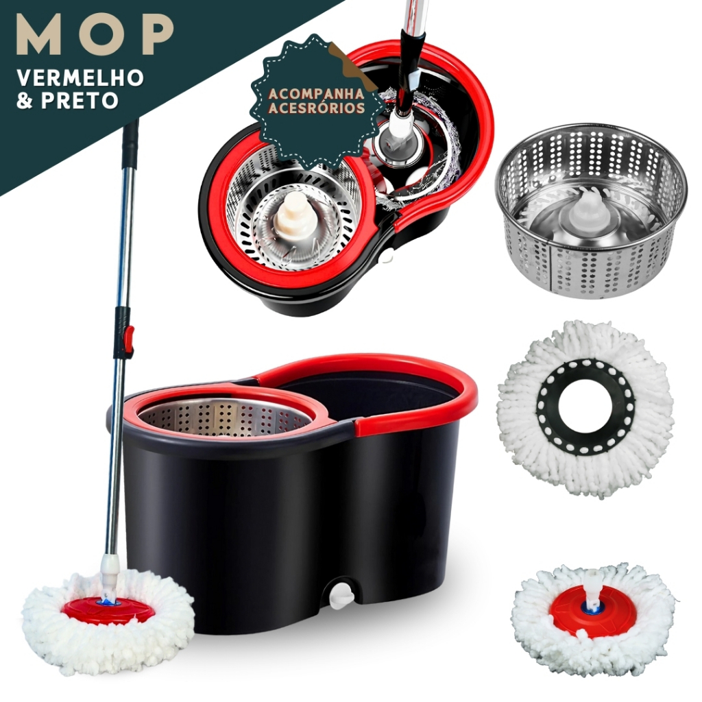Mop Giratorio Com cabo de 140 cm Cesto Em Inox - Balde Centrífuga - C/2 Refil - AV