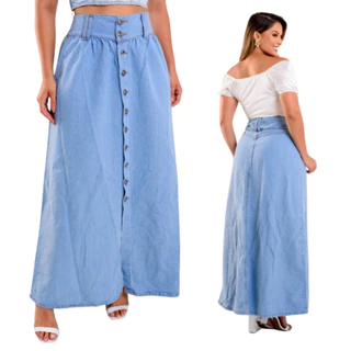Saia longa jeans feminina cintura alta fechamento com botões 100% algodão sem elastano