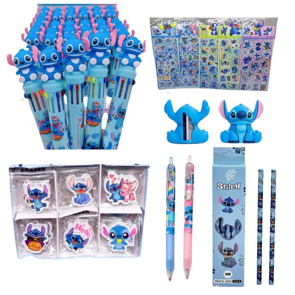 KIT 6 ITENS PAPELARIA STITCH MATERIAL ESCOLAR ADESIVO LAPIS CANETA APONTADOR