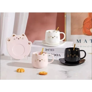 Caneca de gato fofa com prato e colher