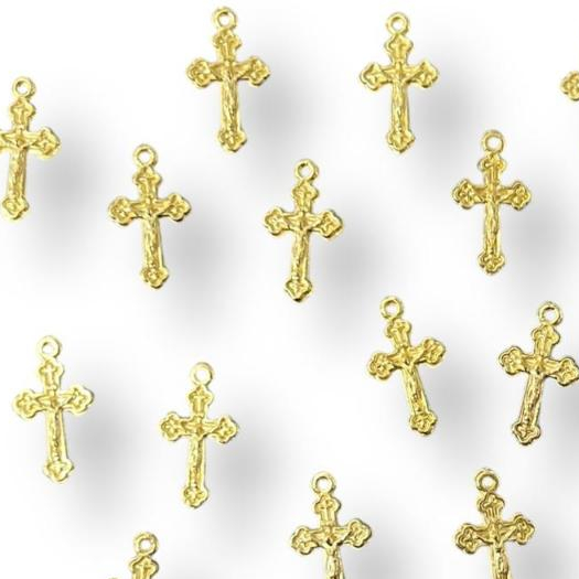 30 Pingente Cruz Duplaface 2cm em Metal Dourada - Pingente Cruz