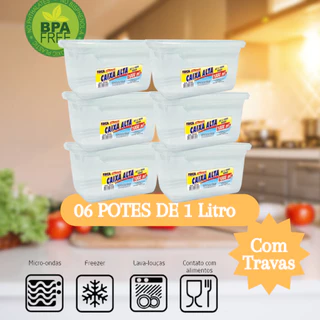 Kit 06 Marmitas Fitness Pote 1Litro Freezer E Microondas Potes Plásticos Com Travas Grande REFORÇADO Fechamento SEGURO