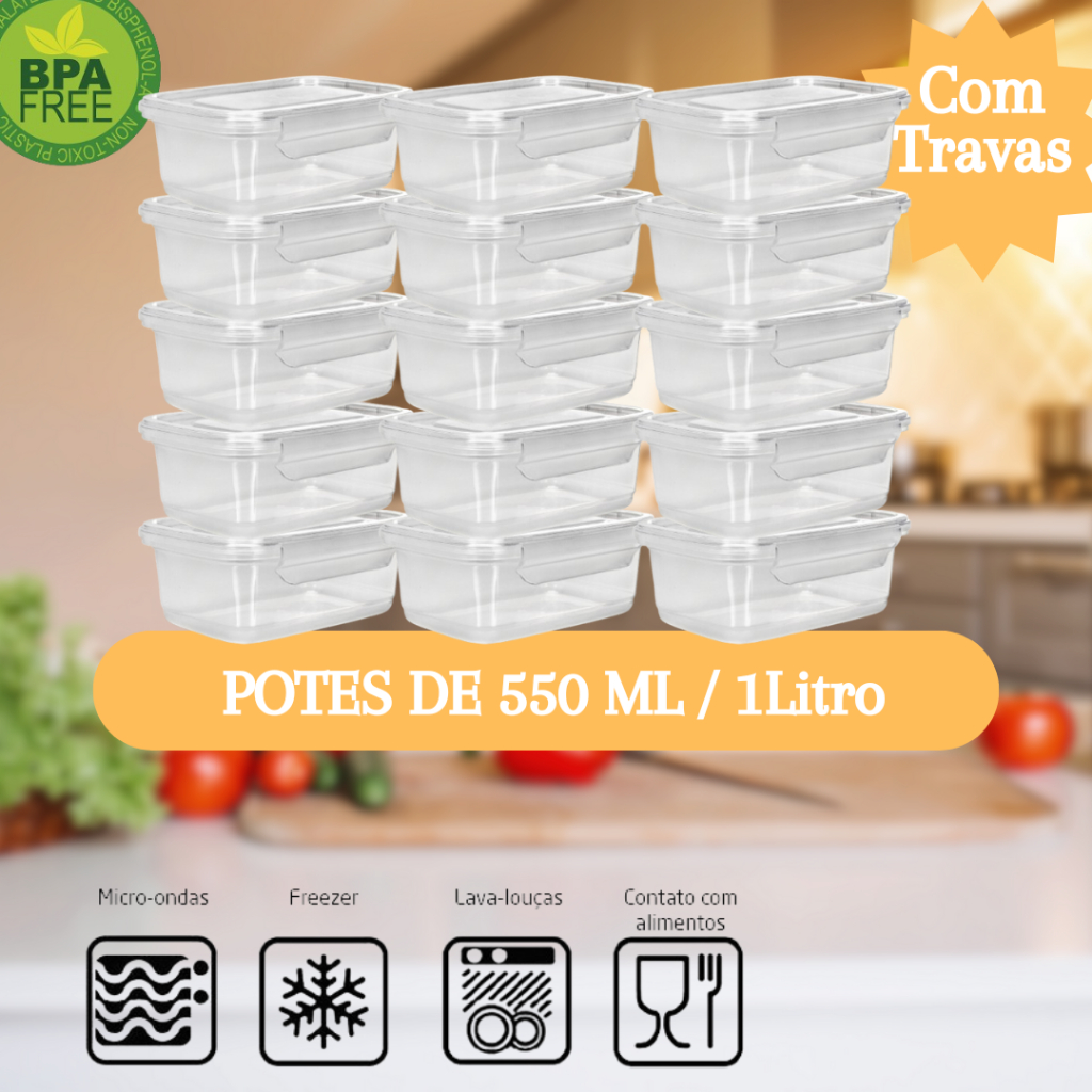 Kit Marmitas Fitness Pote 550ML / 1 Litro Freezer E Microondas Potes Plásticos Com Travas Grande REFORÇADO