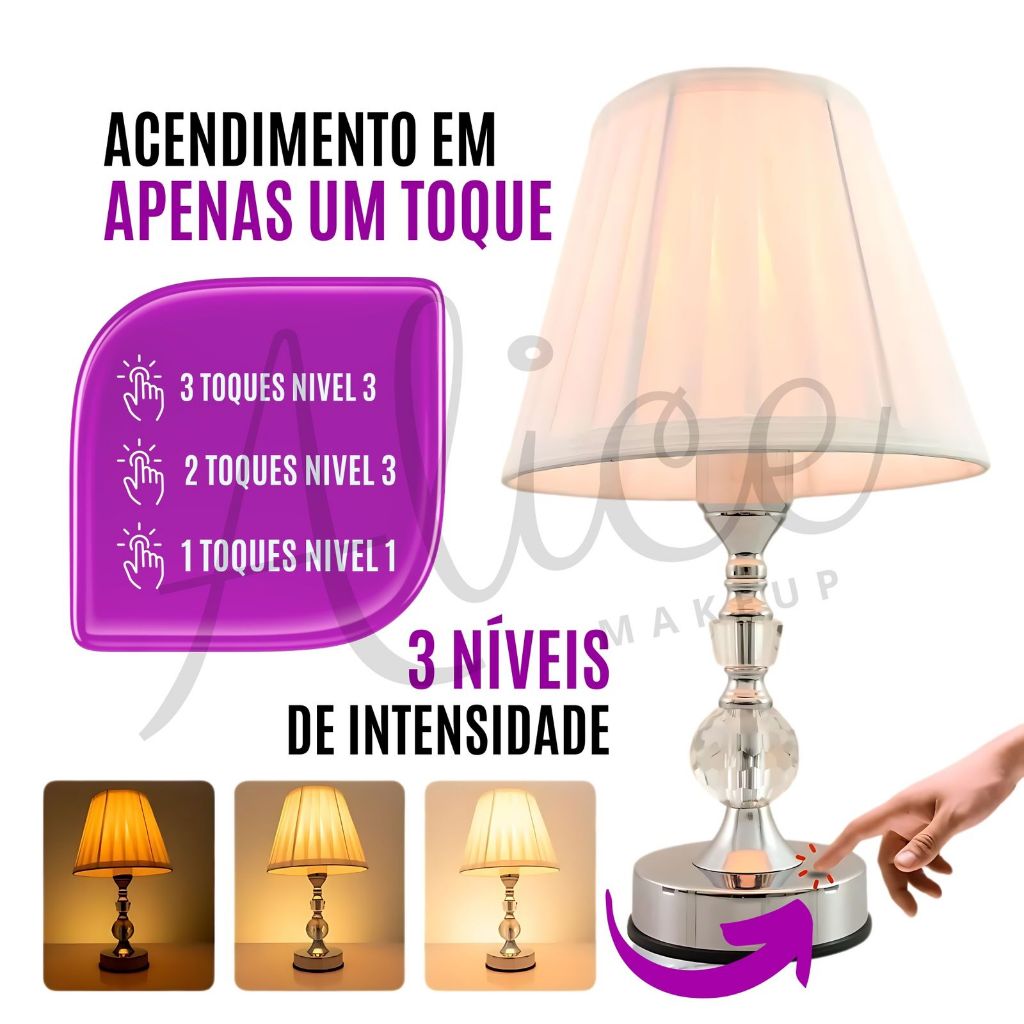 Abajur de vidro Liga e desliga Touch Com 3 Níveis de Intesidade Lâmpada ...