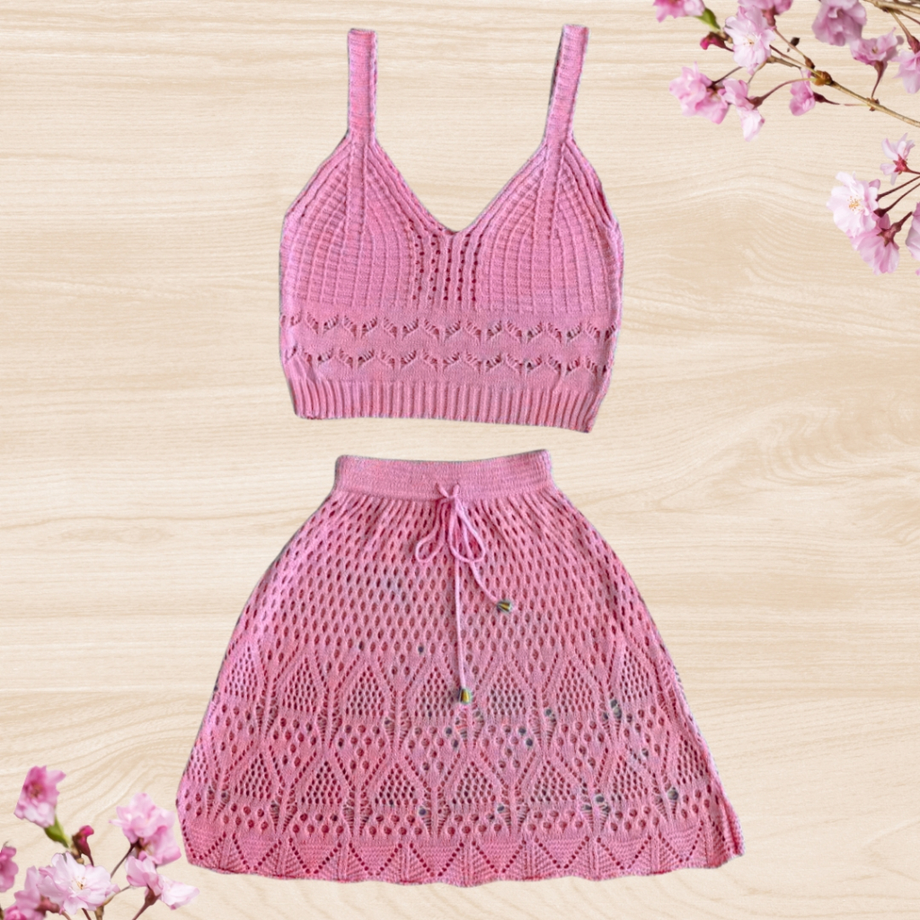 Conjunto Saída de Praia Feminina Tricot Verão 2025 | Saia e Top de Tricô Rendado | Moda Praia Crochê