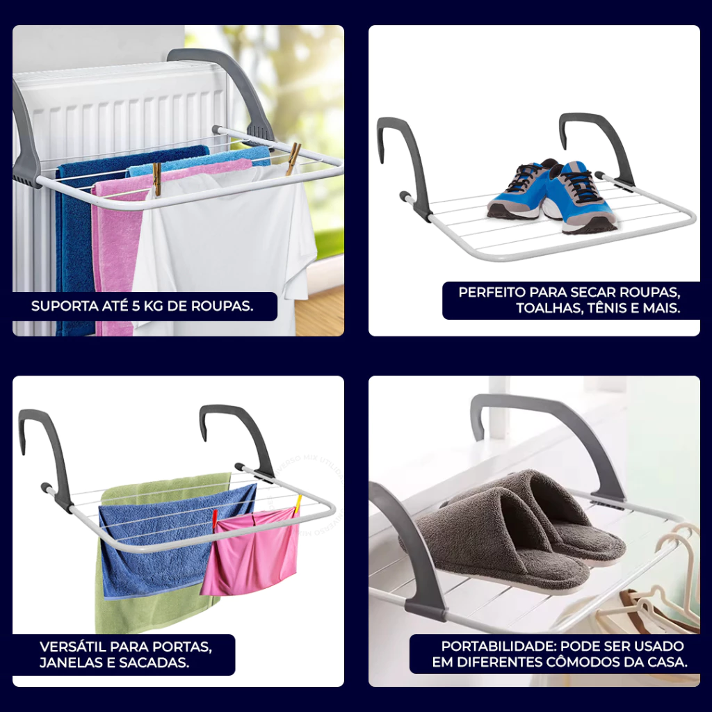 Varal Portátil Para Janela Parede Retrátil Para Apartamento Secador De Roupas - 50x33CM