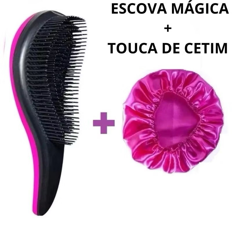 Kit 1 Escova Mágica NÃO QUEBRA FIO + 1 Touca de Cetim ANTI FRIZZ ...