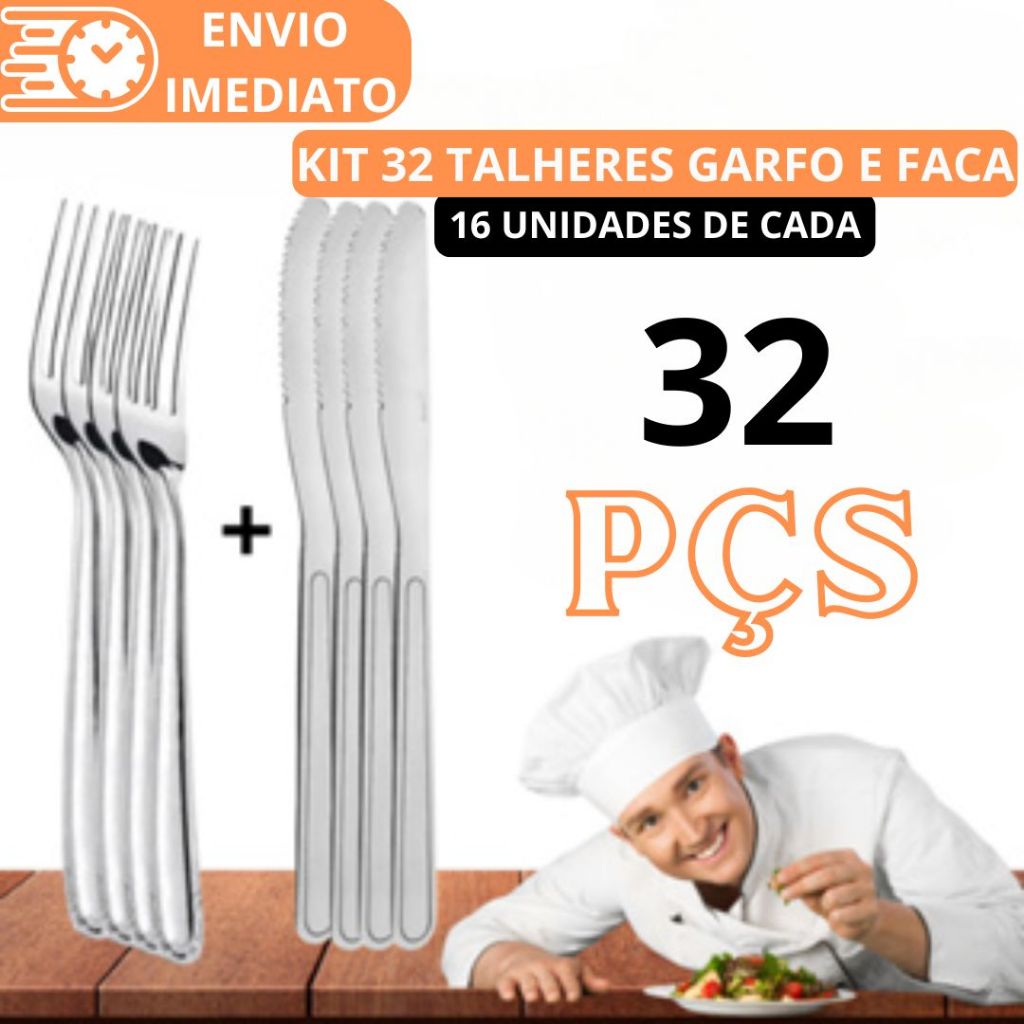 KIT 32 Talheres Aço Inox Para Casa Cozinha Restaurante Comida 16 Garfos ...