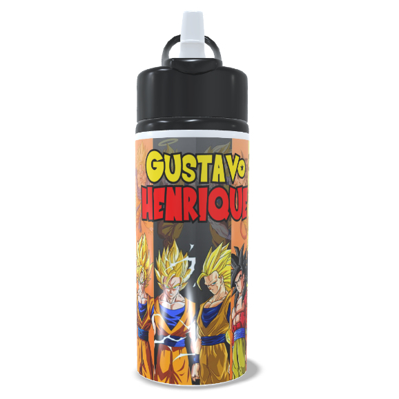 Garrafa de Alumínio Dragon Ball Personalizada com Nome, 600ml, Bico Retrátil Transparente
