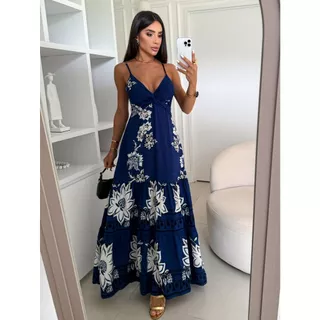 Vestido Longo Estampado Decote V Com Bojo Amarração Nas Costas Elegante Soltinho Verão 029flor em Oferta na Shopee