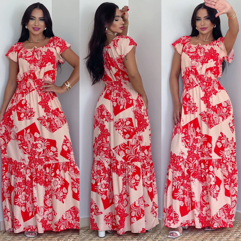 Vestido Longo com Manga Ciganinha de Viscolinho com Lastex na Cintura