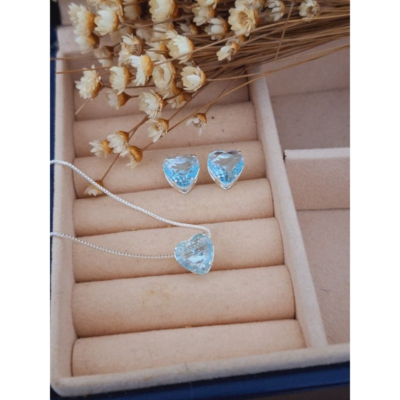 Colar Cora O Cristal Azul Brincos Banhado A Prata Shopee Brasil